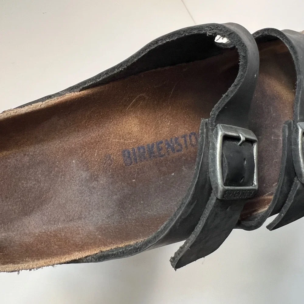 Birkenstock Arizona Sandals 43 Black Oiled Leather Soft Footbed Slides Mens